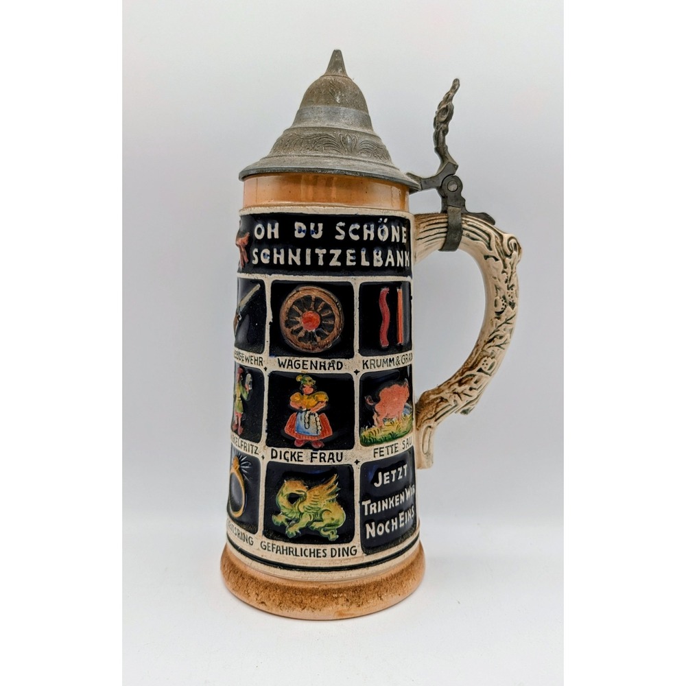 Vintage German Schnitzelbank Beer Stein Lidded Stoneware Mug Relief Folk Art - Picture 5 of 13